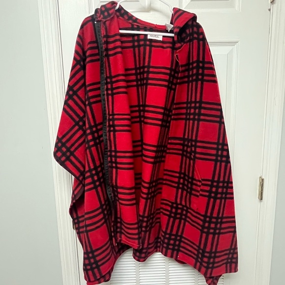 Moda Sweaters - Moda Red and Black Plaid Poncho with Hood and Pockets